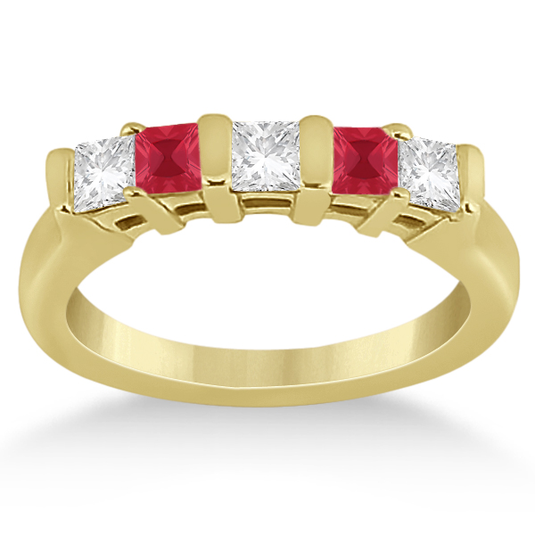 5 Stone Princess Diamond & Ruby Wedding Band 14K Yellow Gold 0.56ct