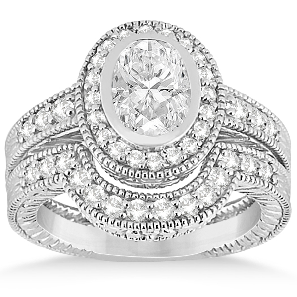 Vintage Diamond Engagement Ring & Band 14k W. Gold Bridal Set 0.64ct
