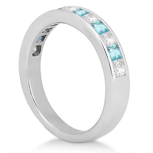 Channel Aquamarine & Diamond Wedding Ring 14k White Gold (0.70ct)