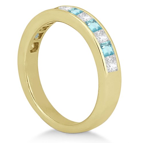 Channel Aquamarine & Diamond Wedding Ring 18k Yellow Gold (0.70ct)