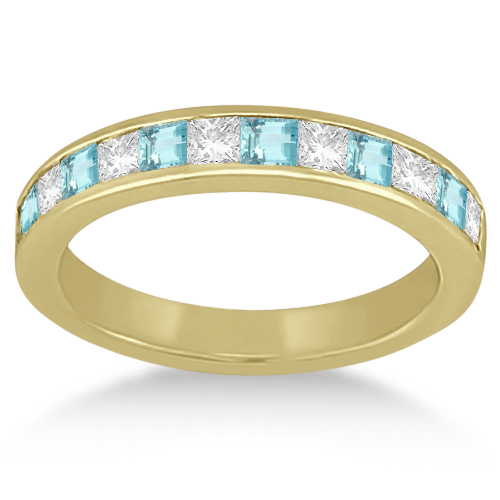 Channel Aquamarine & Diamond Wedding Ring 18k Yellow Gold (0.70ct)