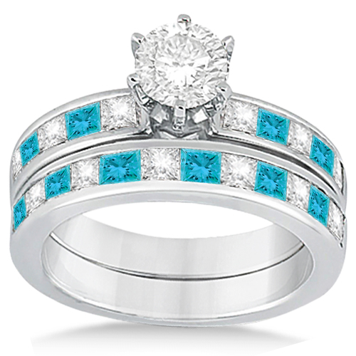 Princess Cut White & Blue Diamond Bridal Set Platinum (1.10ct)