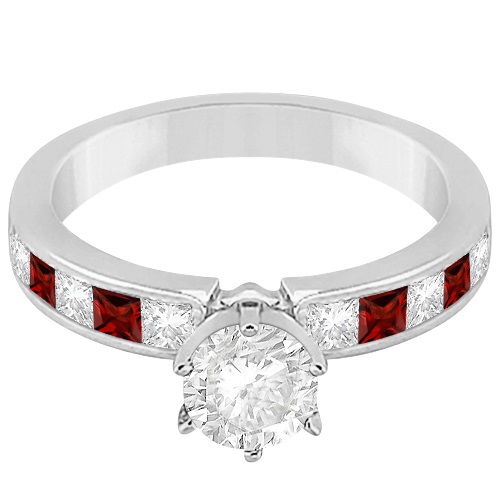Channel Garnet & Diamond Engagement Ring 14k White Gold (0.60ct)