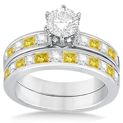 Princess Cut White & Yellow Diamond Bridal Set 14K White Gold (1.10ct)