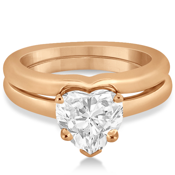 Heart Shaped Engagement Ring & Wedding Band Bridal Set 18k Rose Gold