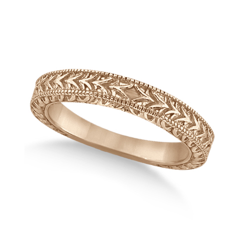 Antique Engraved Wedding Band w/ Filigree & Milgrain 14k Rose Gold