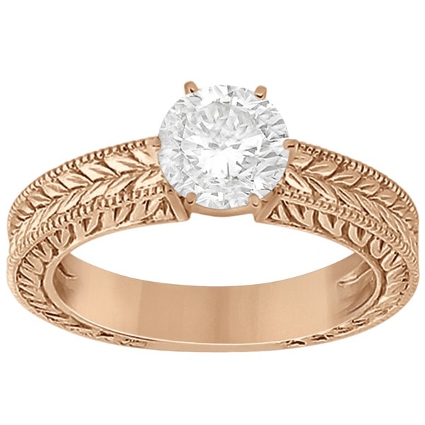 Vintage Carved Filigree Solitaire Bridal Set in 14k Rose Gold