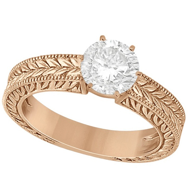 Vintage Carved Filigree Solitaire Bridal Set in 14k Rose Gold