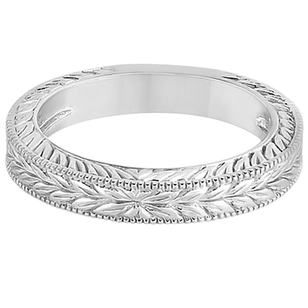 Vintage Carved Filigree Leaf Design Wedding Band in 14k White Gold