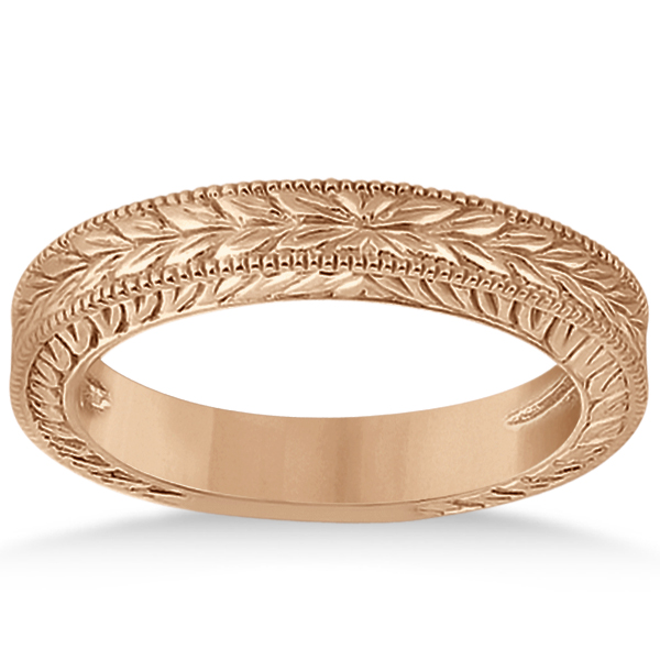 Vintage Carved Filigree Leaf Design Wedding Band in 18k Rose Gold