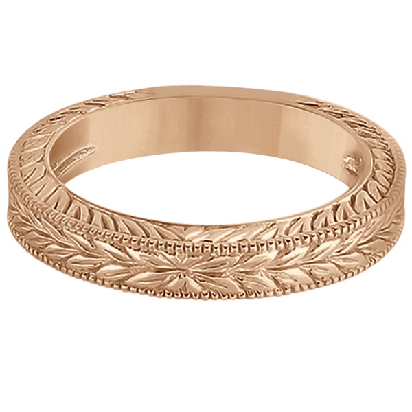 Vintage Carved Filigree Leaf Design Wedding Band in 18k Rose Gold