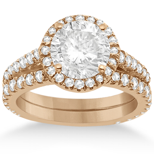 Diamond Bridal Halo Engagement Ring & Wedding Band 14K Rose Gold (1.30ct)