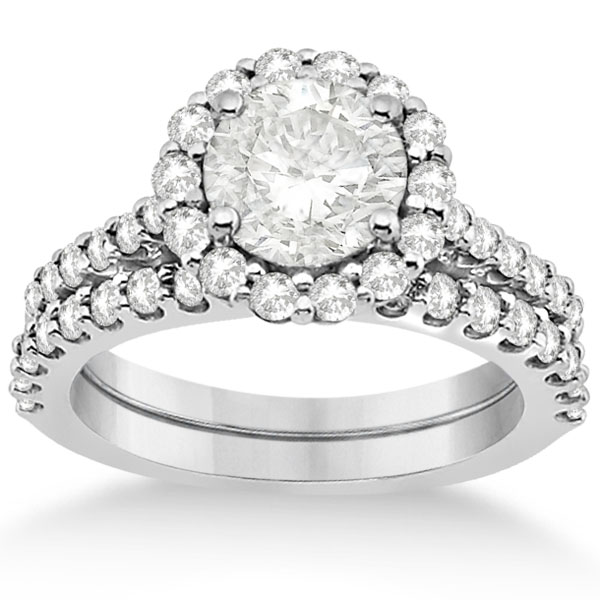 Halo Diamond Engagement Ring and Band Bridal Set platinum (1.12ct)