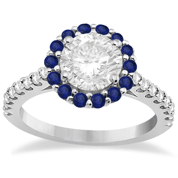 Halo Diamond & Blue Sapphire Engagement Ring Platinum (0.74ct)