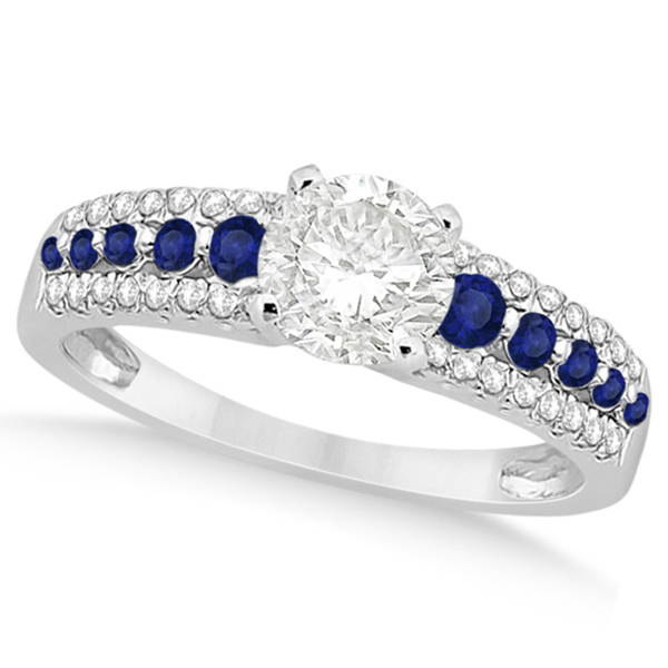 Three-Row Blue Sapphire Diamond Engagement Ring 14k White Gold 0.55ct