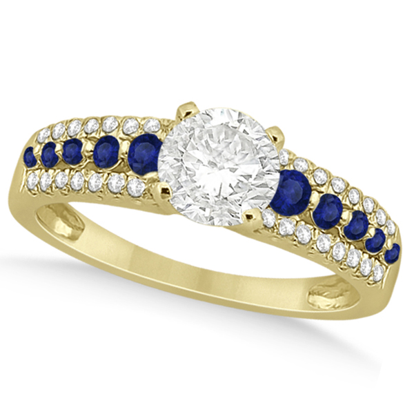 Three-Row Blue Sapphire Diamond Engagement Ring 14k Yellow Gold 0.55ct
