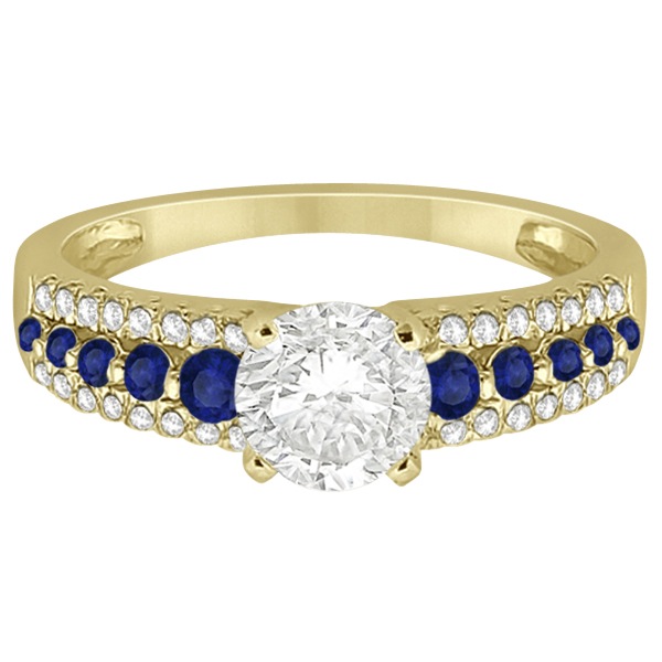 Three-Row Blue Sapphire Diamond Engagement Ring 14k Yellow Gold 0.55ct