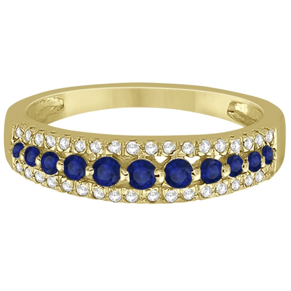Three-Row Blue Sapphire & Diamond Wedding Band 14k Yellow Gold 0.63ct