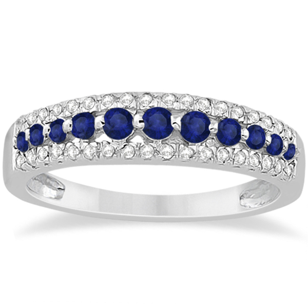 Three-Row Blue Sapphire & Diamond Wedding Band 18k White Gold 0.63ct