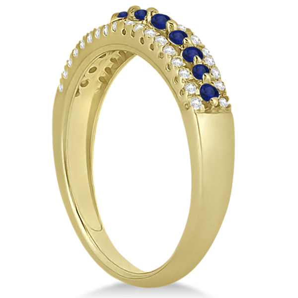 Three-Row Blue Sapphire & Diamond Wedding Band 18k Yellow Gold 0.63ct