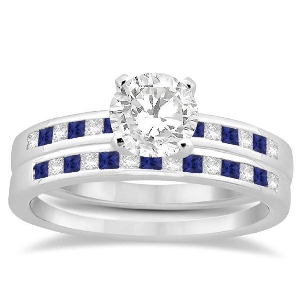 Princess Diamond & Blue Sapphire Bridal Ring Set 14k White Gold (0.54ct)