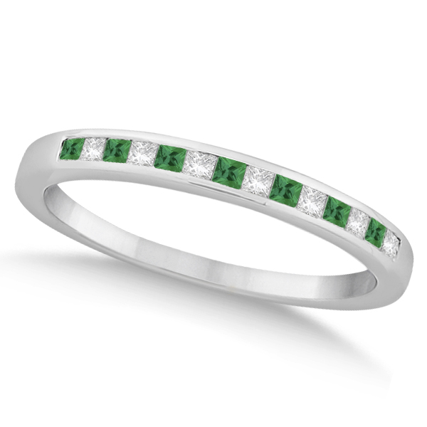 Princess Cut Diamond & Emerald Bridal Ring Set Palladium (0.54ct)