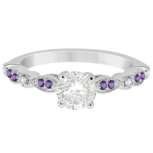 Marquise & Dot Diamond Amethyst Engagement Ring 14k White Gold 0.24ct