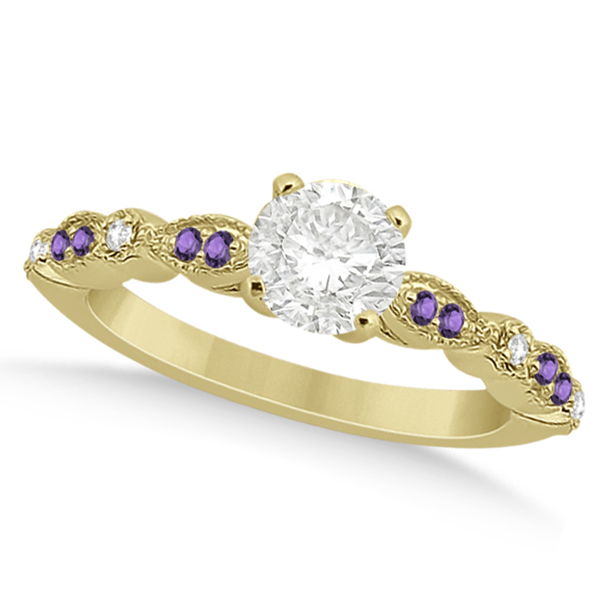 Marquise & Dot Diamond Amethyst Engagement Ring 14k Yellow Gold 0.24ct