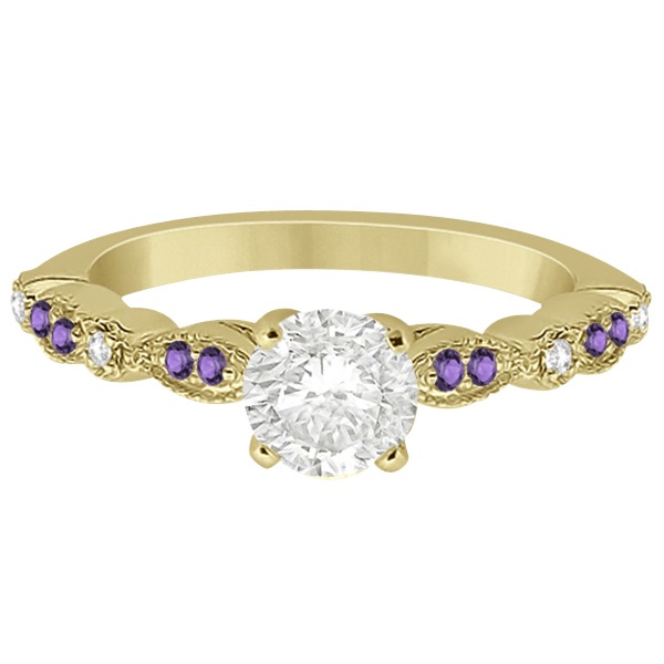 Marquise & Dot Diamond Amethyst Engagement Ring 14k Yellow Gold 0.24ct