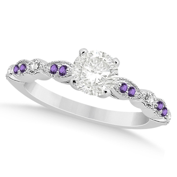 Marquise & Dot Diamond Amethyst Engagement Ring 18k White Gold 0.24ct