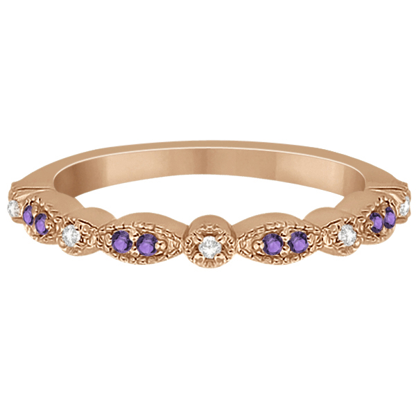 Marquise & Dot Amethyst Diamond Ring Band 14k Rose Gold 0.25ct