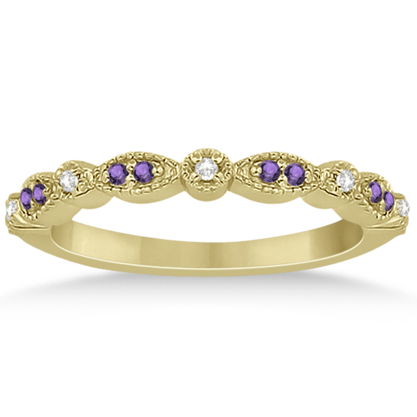 Marquise & Dot Amethyst Diamond Ring Band 14k Yellow Gold 0.25ct