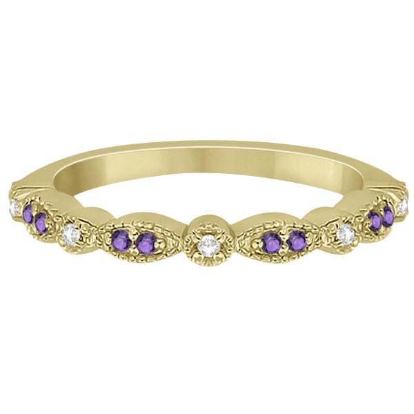 Marquise & Dot Amethyst Diamond Ring Band 14k Yellow Gold 0.25ct