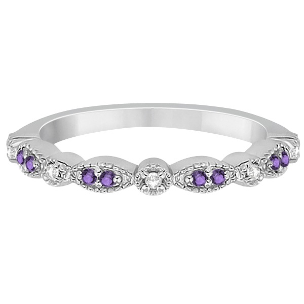 Marquise & Dot Amethyst Diamond Ring Band 18k White Gold 0.25ct