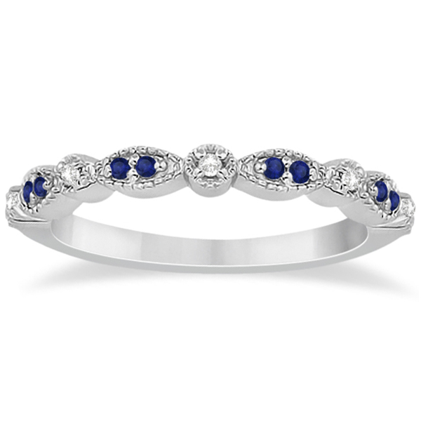 Blue Sapphire & Diamond Marquise Ring Band 14k White Gold (0.25ct)