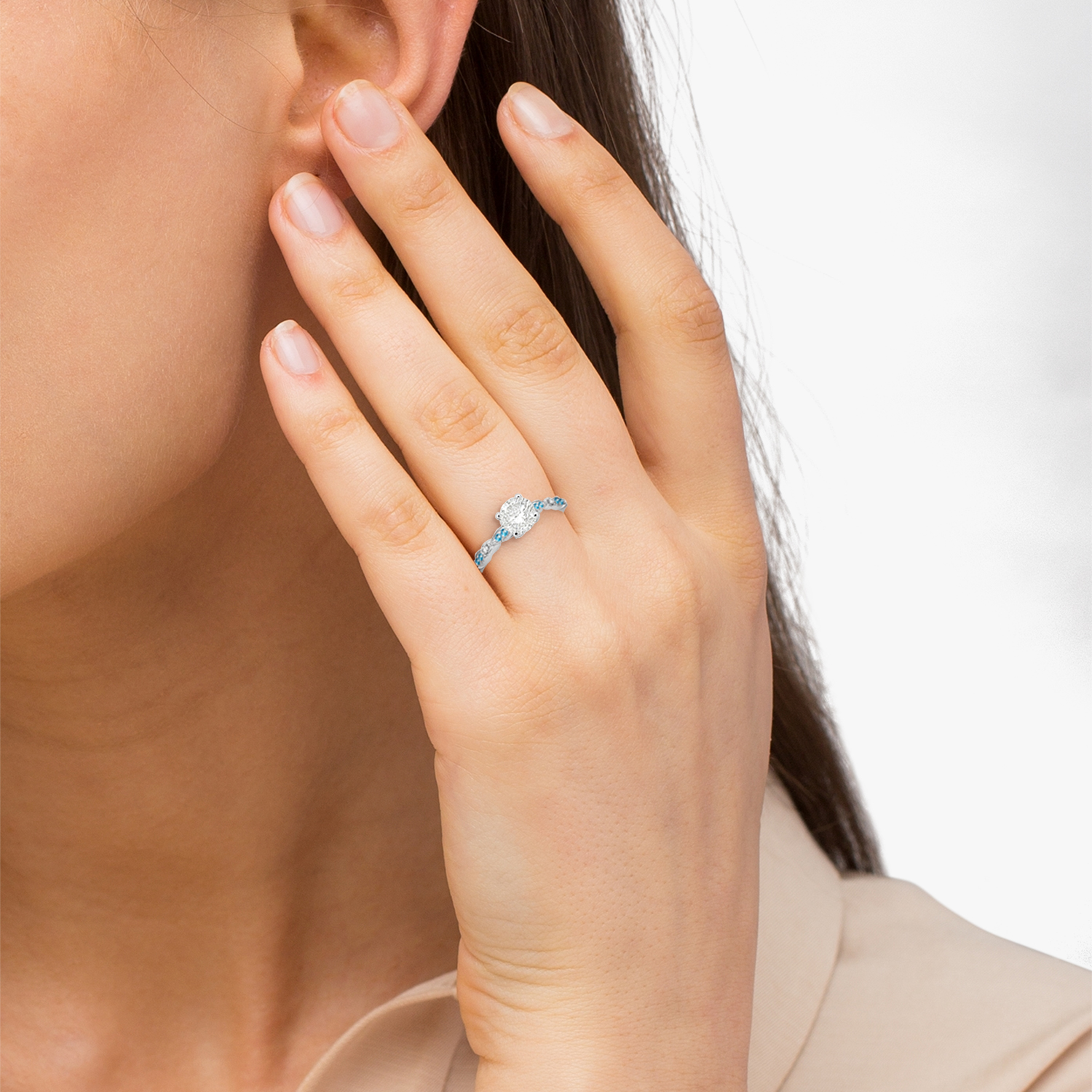 Marquise & Dot Blue Topaz Diamond Engagement Ring 14k White Gold 0.24