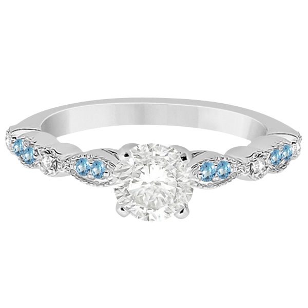 Marquise & Dot Blue Topaz Diamond Engagement Ring 18k White Gold 0.24
