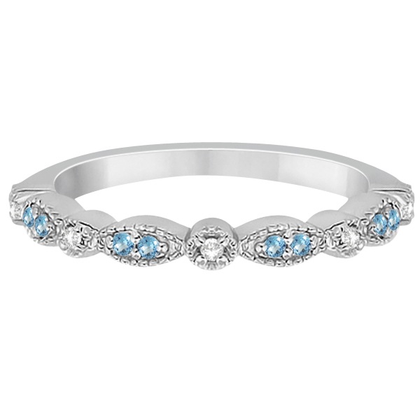 Marquise & Dot Blue Topaz & Diamond Wedding Band 14k White Gold .25ct