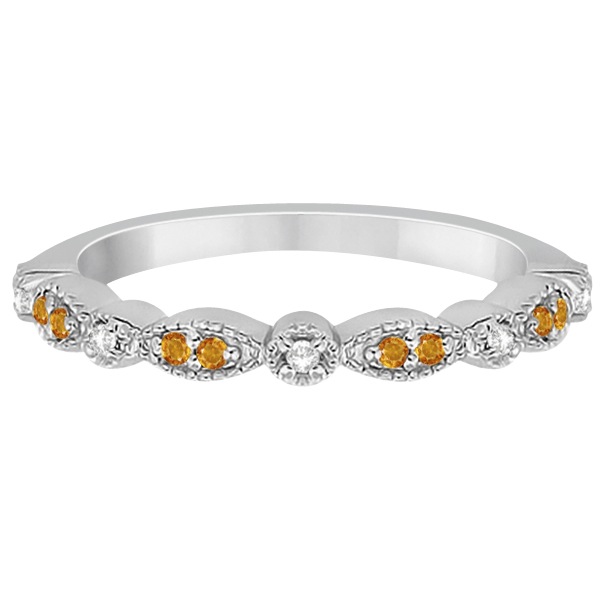 Marquise & Dot Citrine & Diamond Wedding Band 14k White Gold 0.25ct