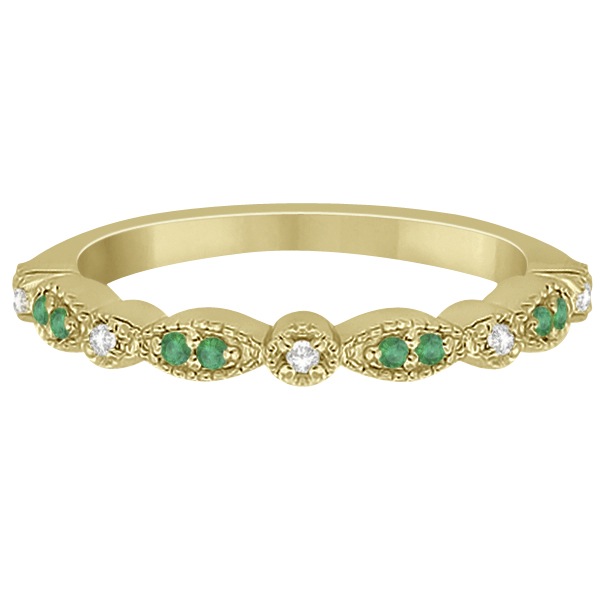 Petite Emerald & Diamond Marquise Wedding Band 14k Yellow Gold 0.21ct