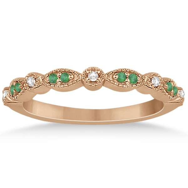 Petite Emerald & Diamond Marquise Wedding Band 18k Rose Gold 0.21ct