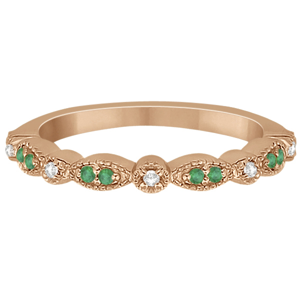 Petite Emerald & Diamond Marquise Wedding Band 18k Rose Gold 0.21ct