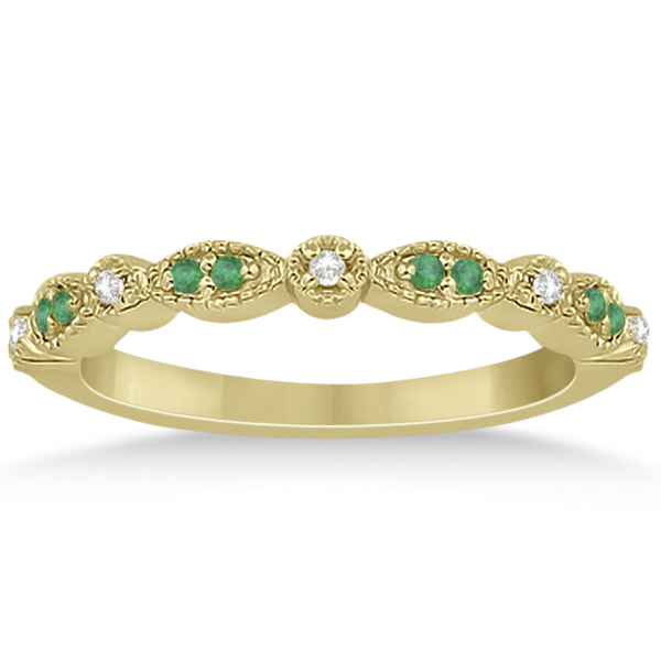 Petite Emerald & Diamond Marquise Wedding Band 18k Yellow Gold 0.21ct