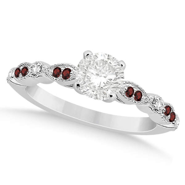 Marquise & Dot Garnet & Diamond Engagement Ring 14k White Gold 0.24ct