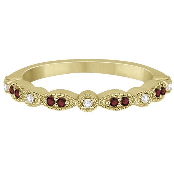 Marquise and Dot Garnet & Diamond Wedding Band 18k Yellow Gold 0.25ct