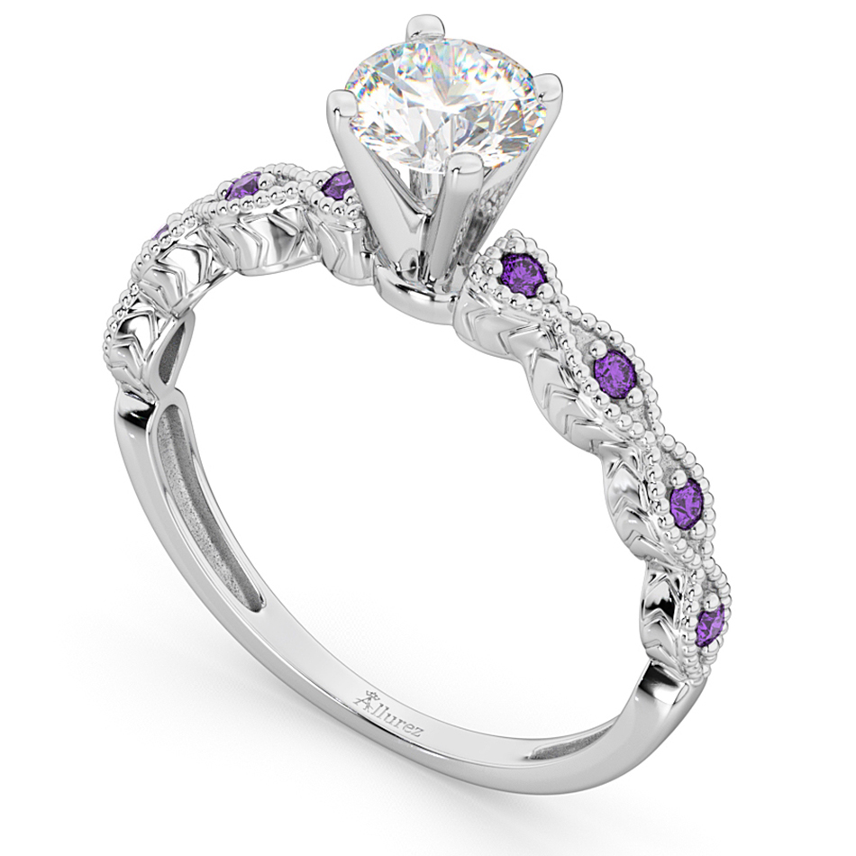 Vintage Lab Grown Diamond & Amethyst Engagement Ring 14k White Gold 1.00ct