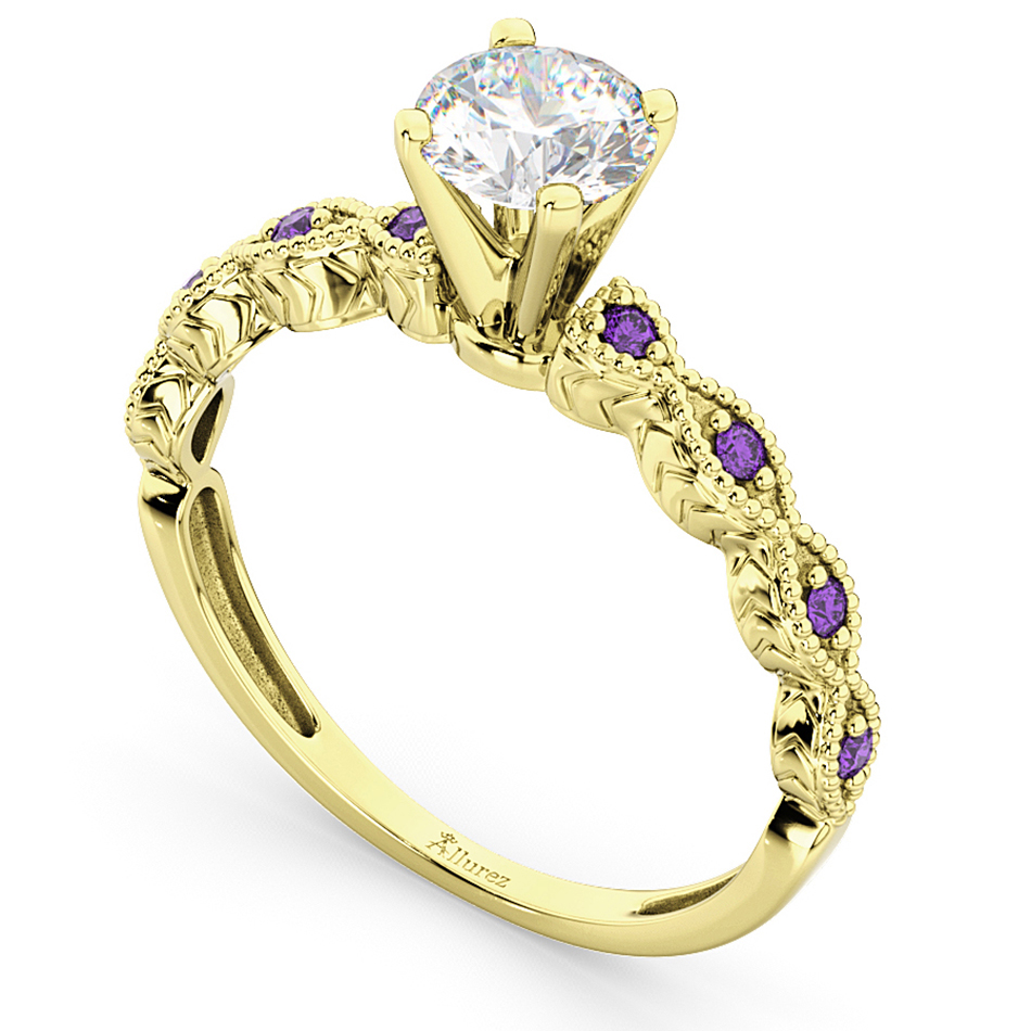 Vintage Lab Grown Diamond & Amethyst Engagement Ring 14k Yellow Gold 1.50ct