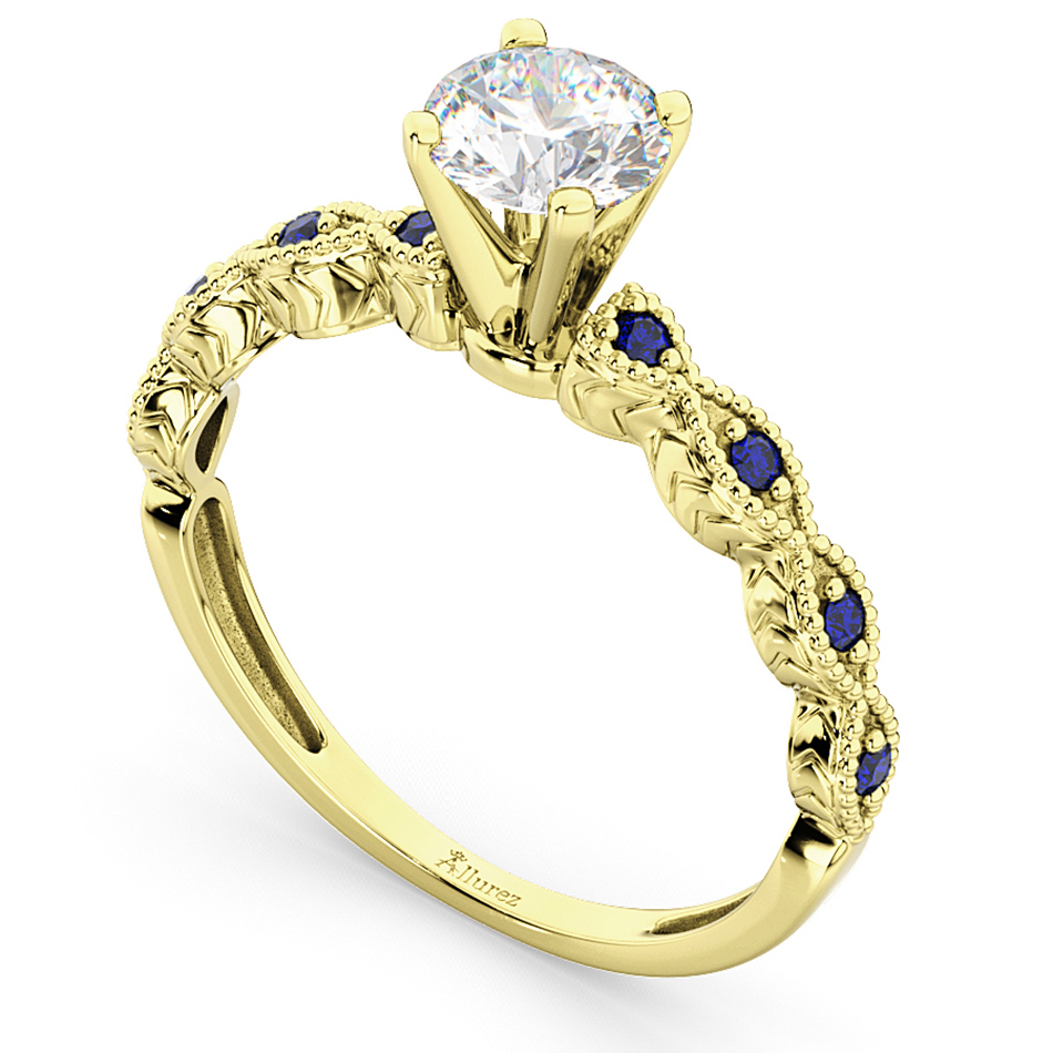 Vintage Diamond & Blue Sapphire Engagement Ring 18k Yellow Gold 1.00ct