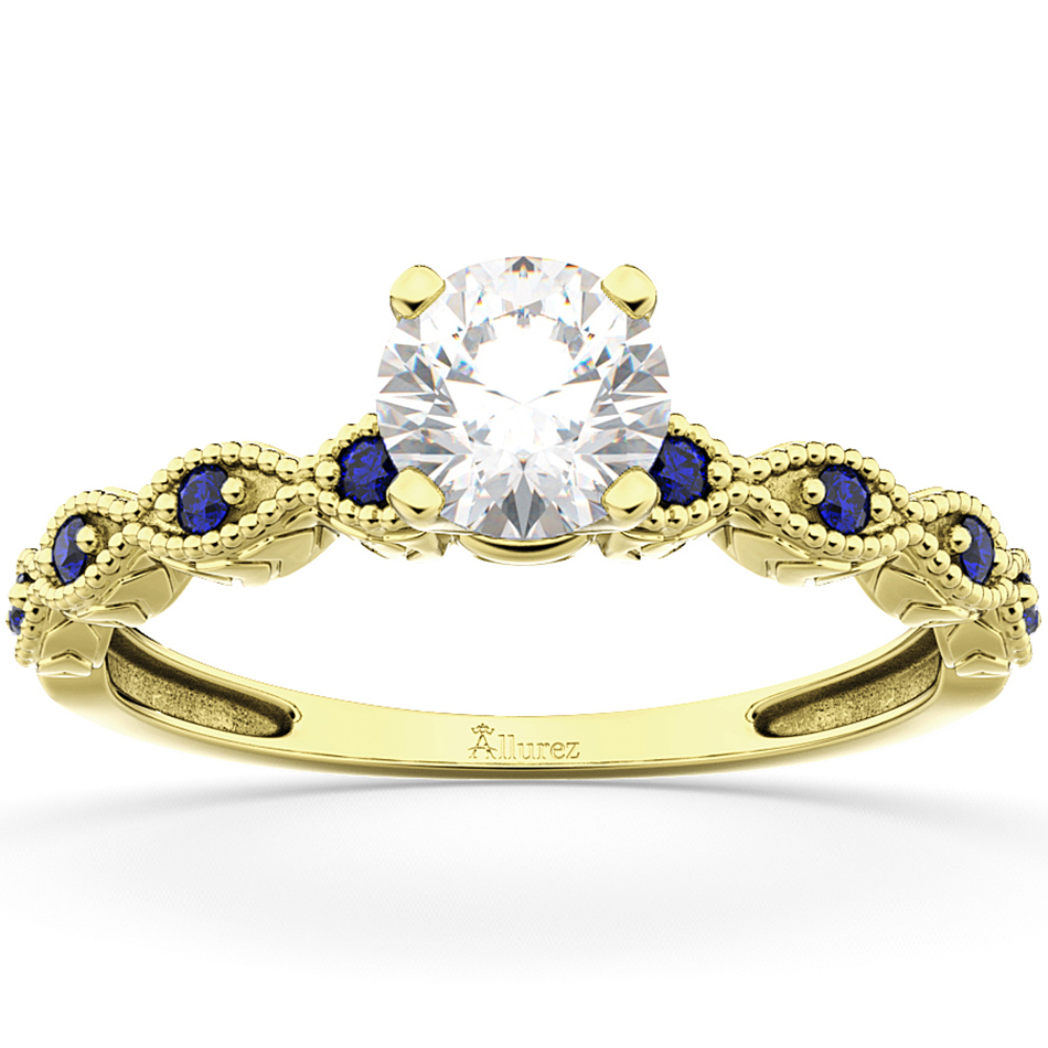 Vintage Lab Grown Diamond & Blue Sapphire Engagement Ring 14k Yellow Gold 1.50ct
