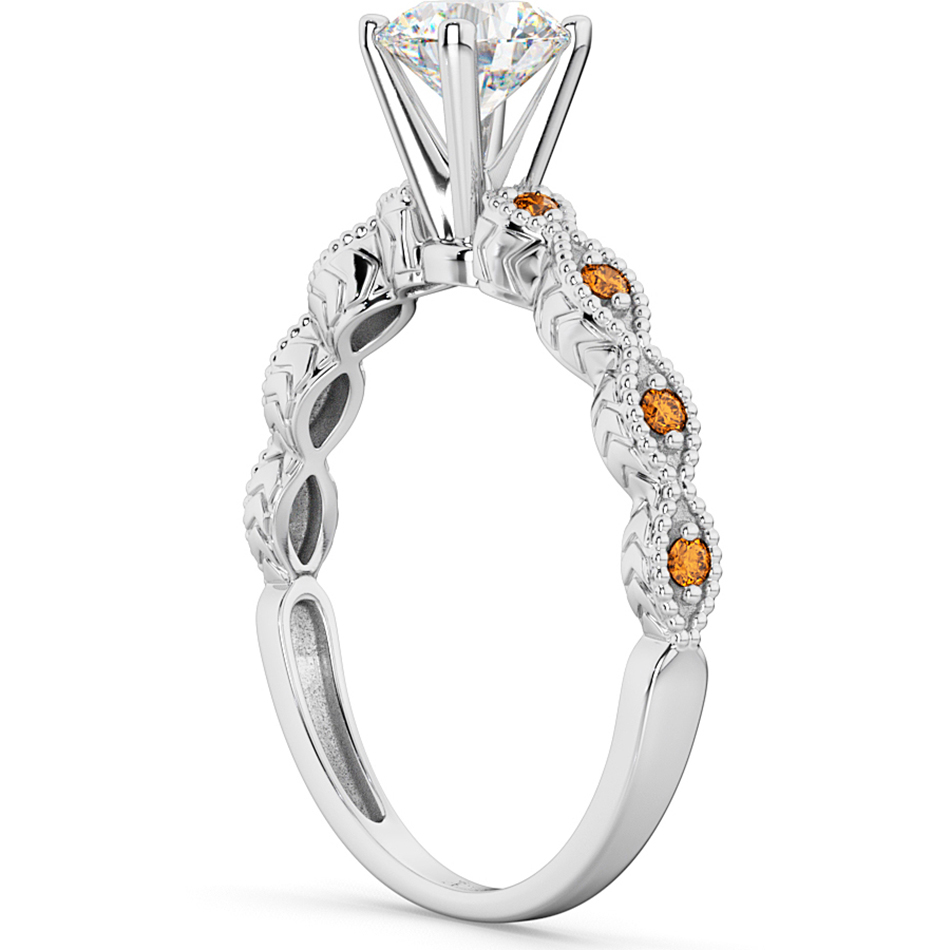 Vintage Lab Grown Diamond & Citrine Engagement Ring 14k White Gold 0.50ct